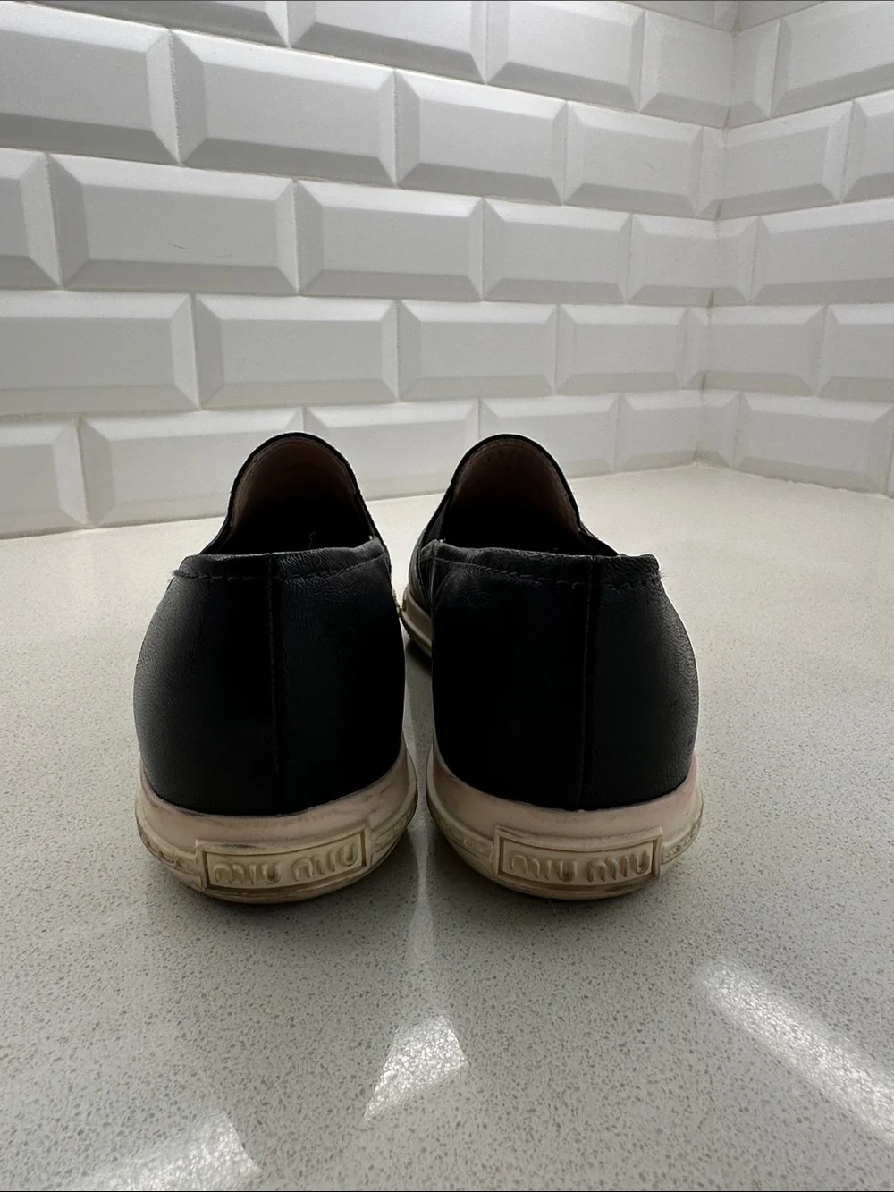 Miu Miu Black Leather Slip-On Flats with Silver Cap Toe